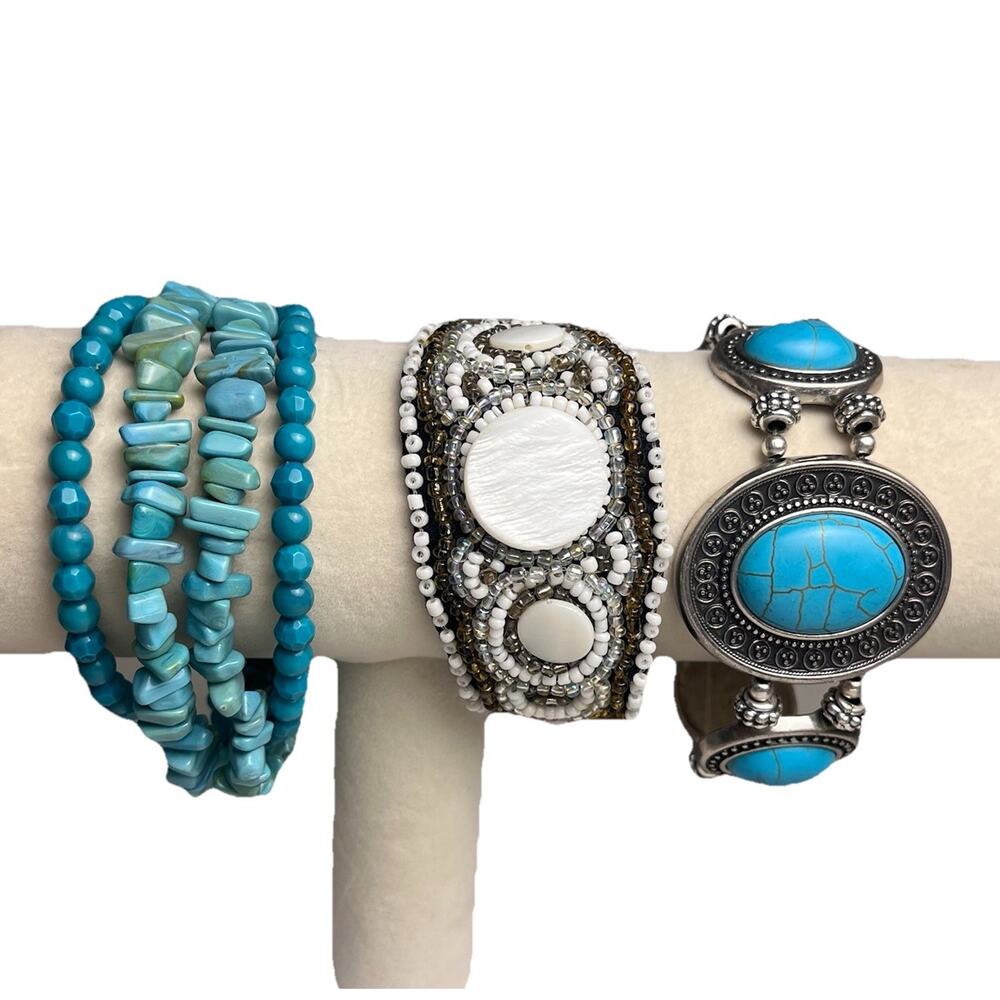Western Faux Turquoise Bracelet Lot Leather Wrap Beaded Stretch Silver Tone 7-8"